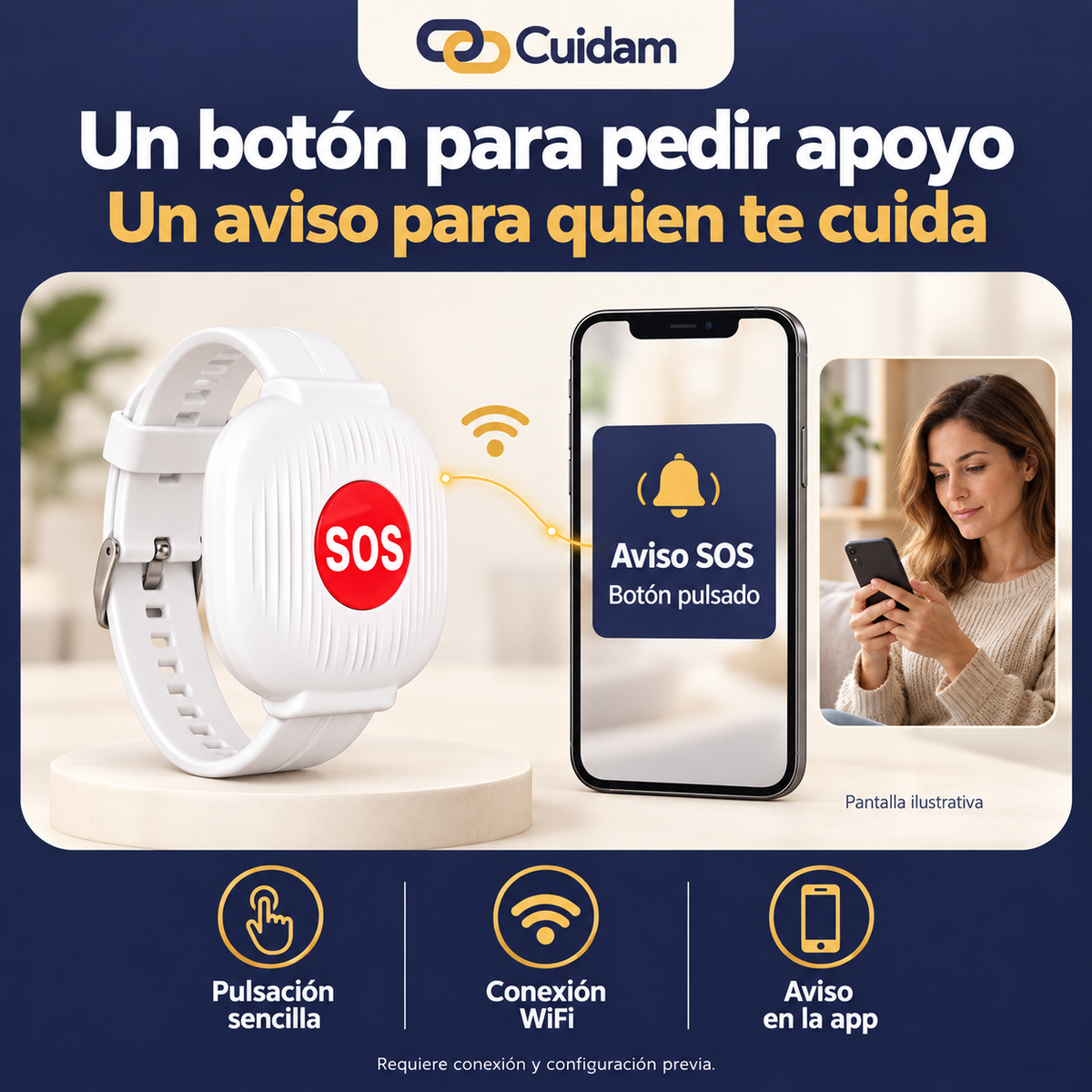 Pulsera SOS Cuida con WiFi | Botón de ayuda para adultos mayores